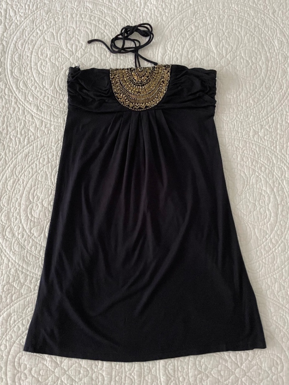 Warehouse Black Beaded Halter Mini Dress UK 10 Metallic Bronze Sequins